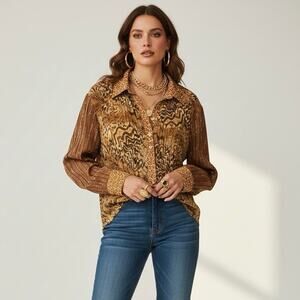 90s Selene Animal Print Accordion Pleat Shirt Mob Wife Chic Long Sleeve Top L